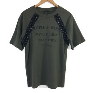 Forever 21 Lace Up Tee Graphic Quote Army Green